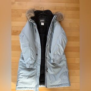 Women’s Light Blue Long Puffer Parka with Faux Fur Hood